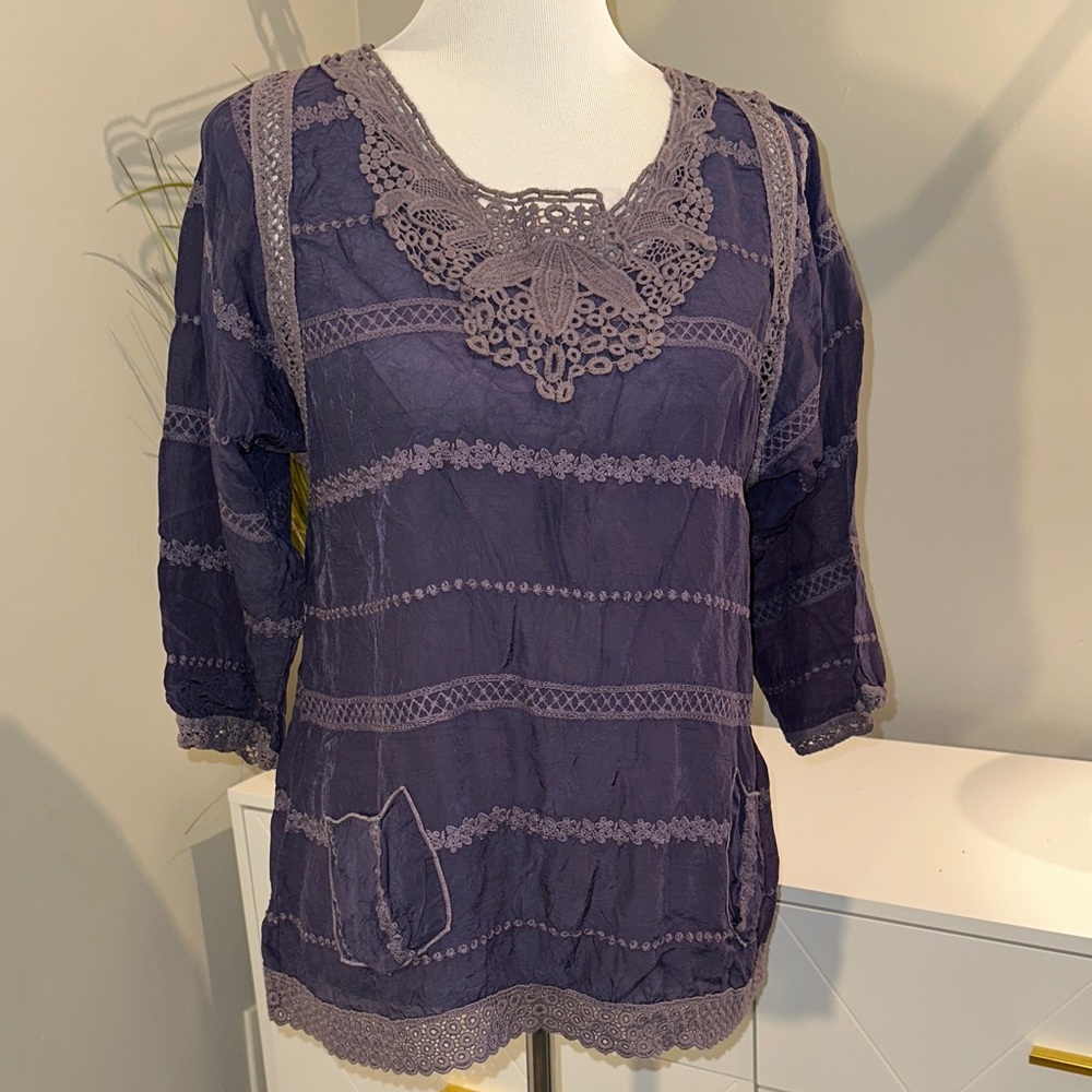Johnny Was Purple Lace Trim Blouse